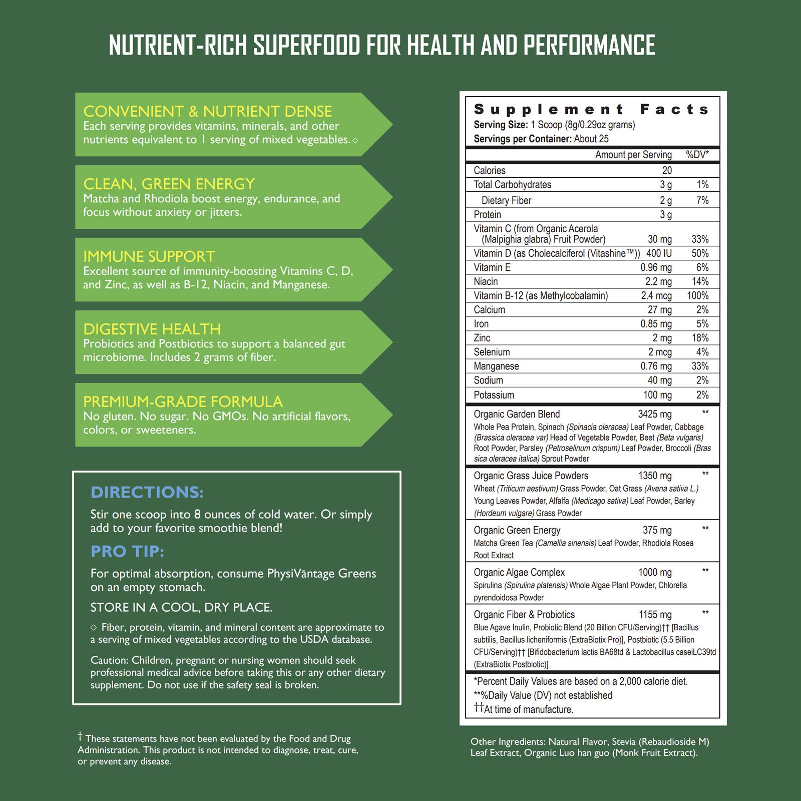 Organic Greens Powder (Energy, Immunity, and Digestive Health Support)
